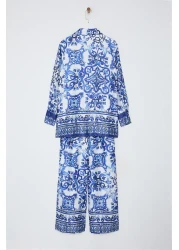  Modest Satin Woven Blue Patterned Top and Bottom Set - TCTAW25US00081