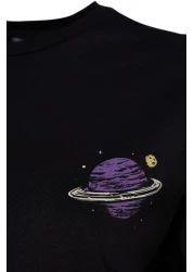  Collection Black 100% Cotton Front and Back Galaxy Printed Boyfriend Fit Crew Neck Knitted T-Shirt TWOSS23TS00257