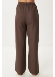 Happiness İstanbul بدلة بنطلون نسائية من الكتان بتفاصيل ربط باللون البني NO00026