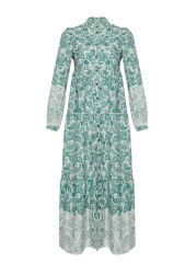  Modest Blue Ethnic Patterned Prevailing Collar Linen Look Woven Shirt Dress TCTSS23EB00286