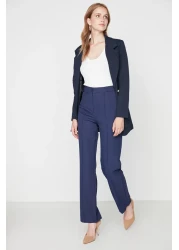  Collection Navy Blue Straight Cut High Waist Ribbed Stitched Woven Trousers TWOSS21PL0093