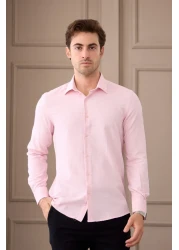 RAVANELLI قميص رجالي من القطن ذو أكمام طويلة وقصة ضيقة وياقة كلاسيكية منقوشة باللون الوردي