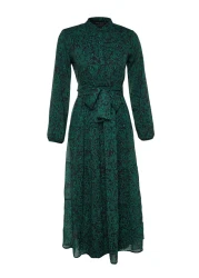  Modest فستان منسوج من الشيفون مبطن بحزام منقوش باللون الأخضر الداكن TCTSS21EL3346