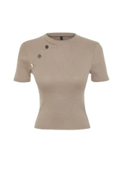  Collection Mink Button Detailed Ribbed Fitted/Fitted Stretch Knitted Blouse TWOSS24BZ00536
