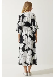 Happiness İstanbul فستان فيسكوز صيفي منقوش بياقة ملفوفة باللونين الأبيض والأسود DK00166