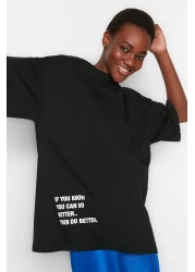  Collection Black 100% Cotton Slogan Printed Oversize/Wide Fit Crew Neck Knitted T-Shirt TWOSS23TS00183