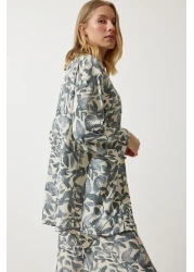 Happiness İstanbul بدلة بنطلون كيمونو بالازو بنمط رمادي على شكل عظمة للنساء EN00614