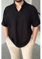 Livio Ferri قميص Soro رجالي كبير الحجم ذو مظهر كتان وأكمام قصيرة وياقة نصف فتحة