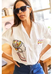 Olalook قميص نسائي كاجوال من الكتان المنسوج مع جيوب وتطريز GML-19001009