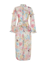  Modest فستان من الشيفون المنسوج ومبطن ومكشكش ومزين بنقشة الزهور أرجواني TCTSS24EB00003