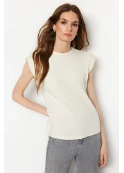  Collection Beige 100% Cotton Wadding Look Basic Crew Neck Knitted T-Shirt TWOSS20TS0021