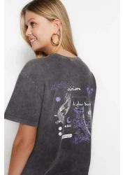  Collection Anthracite 100% Cotton Faded Effect Back Printed Boyfriend Crew Neck Knitted T-Shirt TWOSS23TS00109