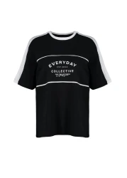  Collection Black 100% Cotton Color Blocked Slogan Oversize/Wide Fit Knitted T-Shirt TWOSS24TS00132
