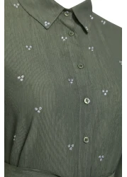  Modest فستان قميص منسوج سادة بتفاصيل حجرية كاكي - حجاب مجعد TCTSS25EB00049