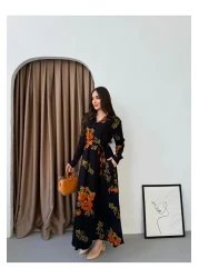 Att Style Full Length Black Floor Orange Rose Pattern Dress