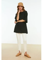  Collection Asymmetrical Boyfriend Cut Knitted T-Shirt - Black, Double Sleeve, Wide - Twoss20Ts0828
