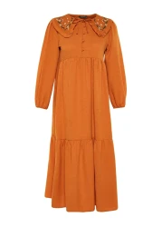  Modest Cinnamon Embroidery Detailed Linen Look Woven Dress Tctss23Eb00257