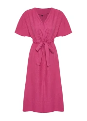  Collection Fuchsia Tie Detailed A-line V-neck Midi Woven Dress TWOSS23EL01543