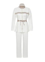  Modest Ecru Scuba Fabric Bottom-Top Set - Piping Knitted Diver TCTAW24US00071