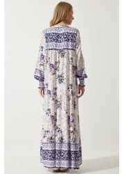 Happiness İstanbul فستان فيسكوز طويل كبير الحجم منقوش باللون الأرجواني للنساء DD01309