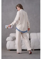 Miss Allos طقم قميص وبنطلون من الكتان بجيب أمامي مطرز باللؤلؤ والحجر للنساء