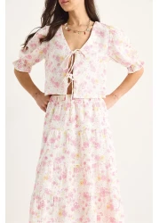 Bianco Lucci Women's Floral Patterned Tie Detailed Blouse Skirt Lined Muslin Top-Top Set 1029 60283406