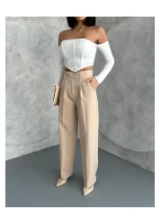 Zeo Basic Women's High Waist Velcro Closure Palazzo Pants