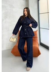 ASEDE Pocket Detailed Belted Navy Blue Denim Premium Jacket Jean Set