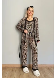 Pijamaevi طقم بيجامة بيغاسوس مع رداء نسائي بنقوش الفهد باللون البني