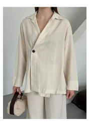 Laluvia طقم بنطلون كيمونو بزر واحد من القطن الطبيعي 100% مزدوج الصدر - 8351