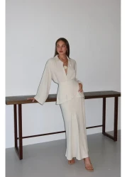 Laluvia Natural Skirt Belted Skirt Shirt Suit - 8763