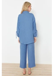  Modest طقم علوي منسوج من الكتان باللون النيلي TCTSS24US00062