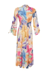  Modest Multi-Colored Magnifying Collar Drawstring Gather Detailed Abstract Woven Dress TCTSS24EB00103