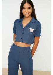  Collection Navy Blue Teddy Bear Ribbed Knitted Pajamas Set Thmss21Pt0168