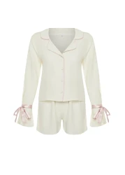  Collection Ecru Laced/Ribbon/Bow and Ribbed Viscose Shorts Woven Pajama Suit Thmss24Pt00047
