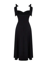  Collection Black A-Line Strap Binding Detail Woven Evening Dress Night Graduation Dress Tprss24El00251