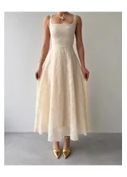 Afiş Butik فستان كتان مطرز بحزام سميك باللون البيج