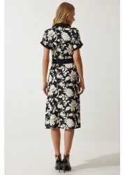 Happiness İstanbul Black Cream Floral Pattern Thin Viscose Summer Dress - DD01311