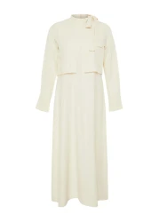  Modest Stone Collar Tie Detail Woven Dress TCTSS23EB00283