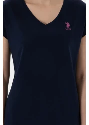 U.S. Polo Assn. تي شيرت نسائي أساسي برقبة على شكل حرف V باللون الأزرق الداكن 50305825 -vr033