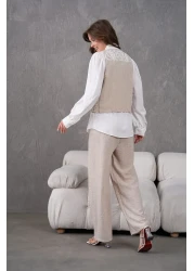 Miss Allos طقم سترة وبنطلون من الكتان للسيدات مع تطريز أمامي وخلفي باللؤلؤ والحجر