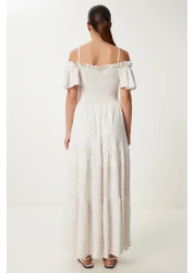 Lovelyİstanbul Patterned Strappy Ruffled Long Summer Viscose Dress Ecru Murdum Lub0112