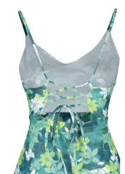  Collection فستان قصير من الكريب بطبعة زهور باللون الأخضر الداكن مع أشرطة قابلة للتعديل TWOSS20EL1630