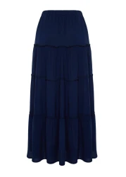  Collection Navy Blue Flared Maxi Length Woven Skirt with Gather Detail at Waist TWOSS24ET00098