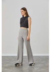 Alos بنطال نسائي رمادي فضفاض واسع الساق مخطط بخصر عالٍ وناعم ومطاط من الليكرا