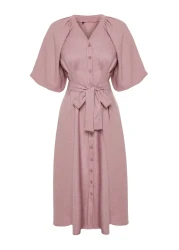  Modest Pink Belted Half Balloon Sleeve Linen Look Woven Shirt Dress TCTSS24EB00014