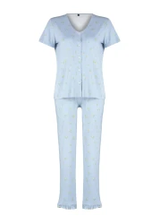  Collection Colorful Floral Pattern and Ruffle Knitted Pajamas Set - Blue THMSS24PT00232