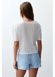  Collection White Striped 100% Cotton Sleepwear Set with Shorts - Women's Couple Thmss24Pt00175