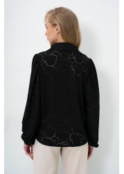 Trend Alaçatı Stili قميص نسائي منسوج بأكمام الأميرة باللون الأسود ALC-X4366