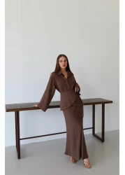 Laluvia Brown Skirt Belted Skirt Shirt Suit - 8763